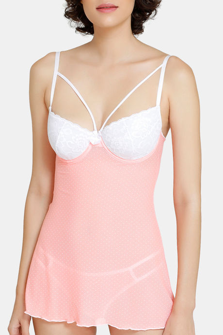 Zivame Padded Wired Lace N Mesh Babydoll With Thong - Peach — image 4