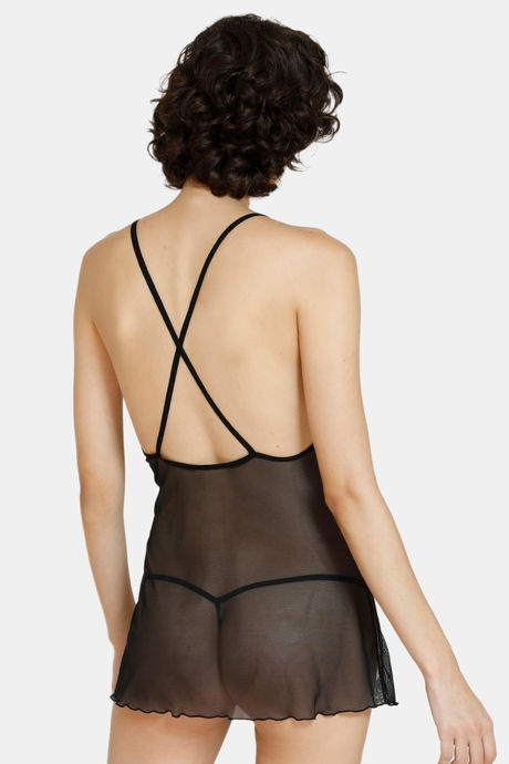 Zivame Lace N Mesh Babydoll With Thong - Black — image 3