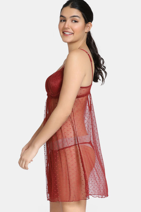 Zivame Lace N Mesh Babydoll With Thong - Merlot — image 2