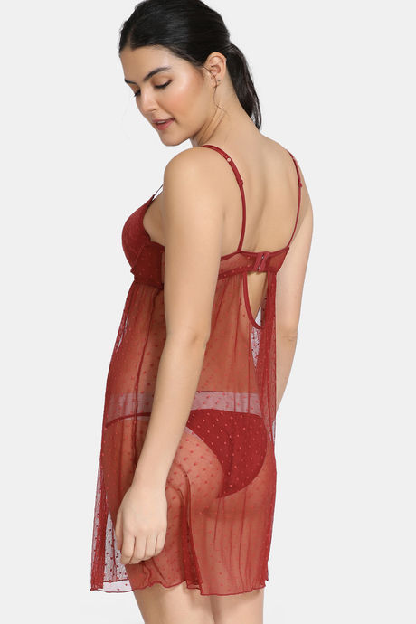 Zivame Lace N Mesh Babydoll With Thong - Merlot — image 3