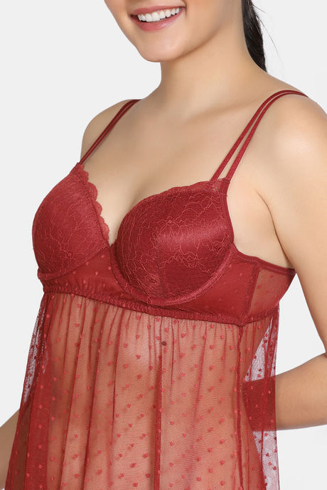Zivame Lace N Mesh Babydoll With Thong - Merlot — image 4