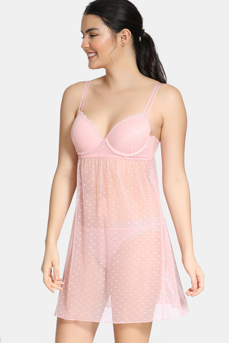 Zivame Lace N Mesh Babydoll With Thong - Powder Pink — image 2