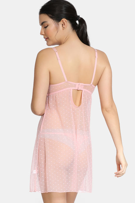 Zivame Lace N Mesh Babydoll With Thong - Powder Pink — image 3