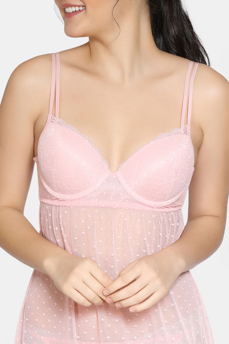 Zivame Lace N Mesh Babydoll With Thong - Powder Pink — image 4