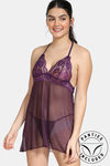 Zivame Poly Knit Skin Fit Lace N Mesh Babydoll With Thong  - Purple — thumbnail 1