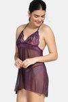 Zivame Poly Knit Skin Fit Lace N Mesh Babydoll With Thong  - Purple — thumbnail 2