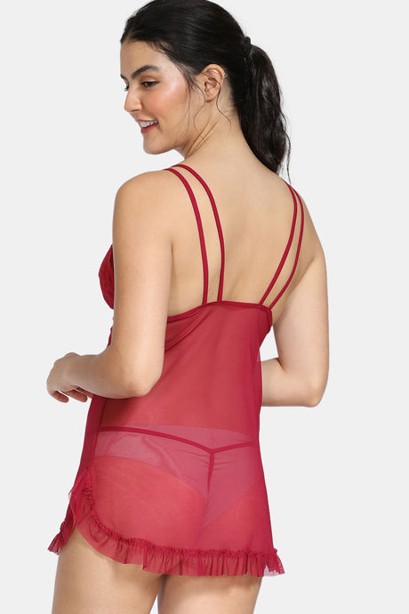 Zivame Lace N Mesh Babydoll With Thong - Ruby Wine — image 3