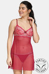 Zivame Lace N Mesh Babydoll With Thong - Red — thumbnail 1