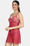 Zivame Lace N Mesh Babydoll With Thong - Red — thumbnail 2