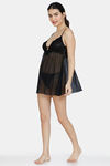 Zivame Lace N Mesh Babydoll With Thong - Black — thumbnail 4
