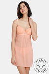 Zivame Lace N Mesh Babydoll With Thong - Salmon — thumbnail 1