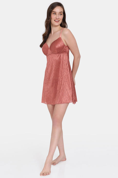 Zivame Coral Glaze Padded Wirefree Relaxed Fit Babydoll With Thong - Cinnabar — image 4