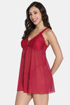 Zivame Forever Yours Lace N Mesh Babydoll With Thong - Cerise — thumbnail 2
