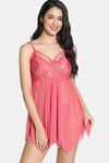 Zivame Lace N Mesh Babydoll With Thong - Coral — thumbnail 1