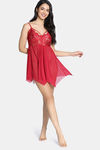 Zivame Lace N Mesh Babydoll With Thong - Red — thumbnail 4