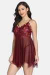 Zivame Lace N Mesh Babydoll With Thong - Wine — thumbnail 2