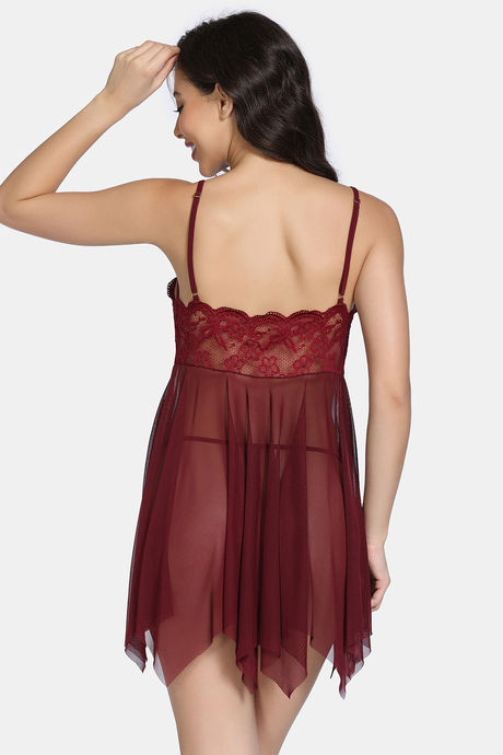 Zivame Lace N Mesh Babydoll With Thong - Wine — image 3