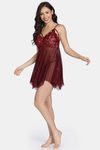 Zivame Lace N Mesh Babydoll With Thong - Wine — thumbnail 4