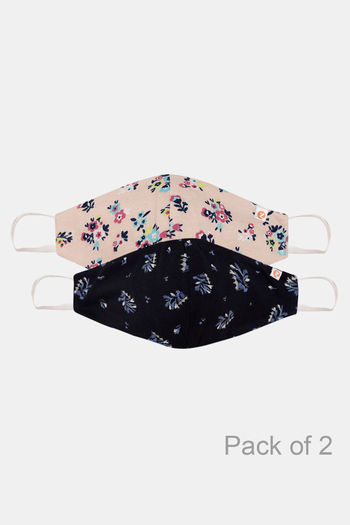 Zivame Reusable 2 Layer Printed Knit Cotton Antiviral Face Mask Pack of 2 Cream Grey Floral