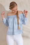 Zephyr Seersucker Off Shoulder Top- Blue N White — thumbnail 2