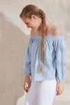 Zephyr Seersucker Off Shoulder Top- Blue N White — thumbnail 3