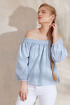 Zephyr Seersucker Off Shoulder Top- Blue N White — thumbnail 4