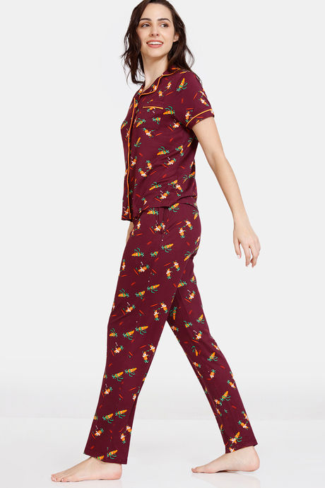 Zivame Fruggies Knit Poly Pyjama Set - Grape Wine — image 2