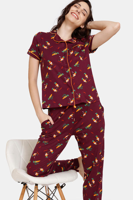 Zivame Fruggies Knit Poly Pyjama Set - Grape Wine — image 4