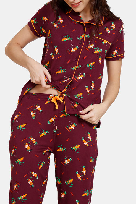 Zivame Fruggies Knit Poly Pyjama Set - Grape Wine — image 5
