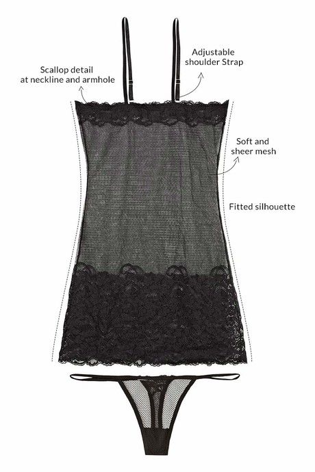 Zivame Sundown Collection Jacquard Mesh Chemise With Thong-Black — image 5