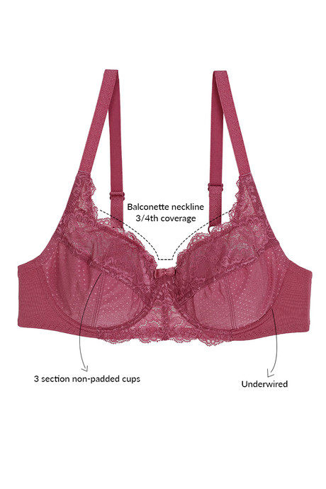 

Zivame Essentials No Sag Floral Lace Underwired Balconette Bra Mauve, Pinks