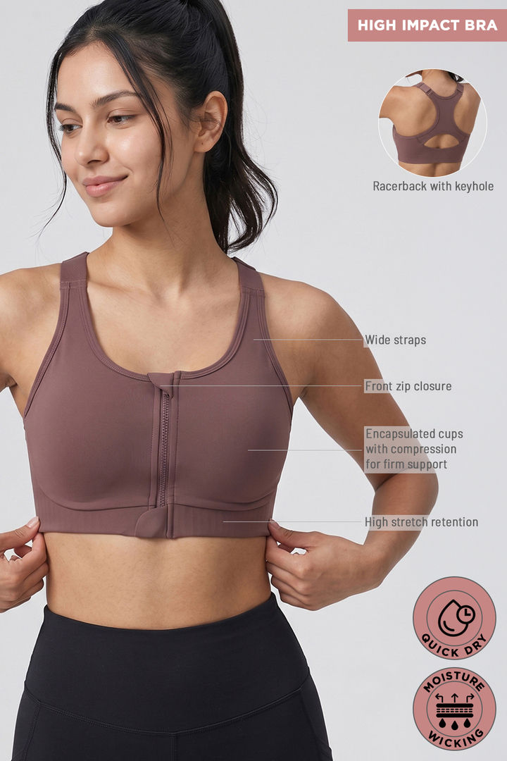 Zelocity Padded High Impact Moisture Wicking Training Bonded Sports Bra - Mauve — image 7