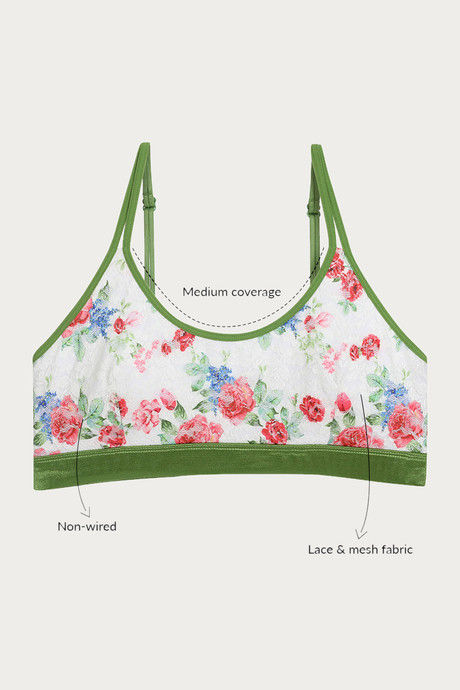 

Zivame Floral Blush Double Layered Printed Lace Bralette Green N Print, Prints