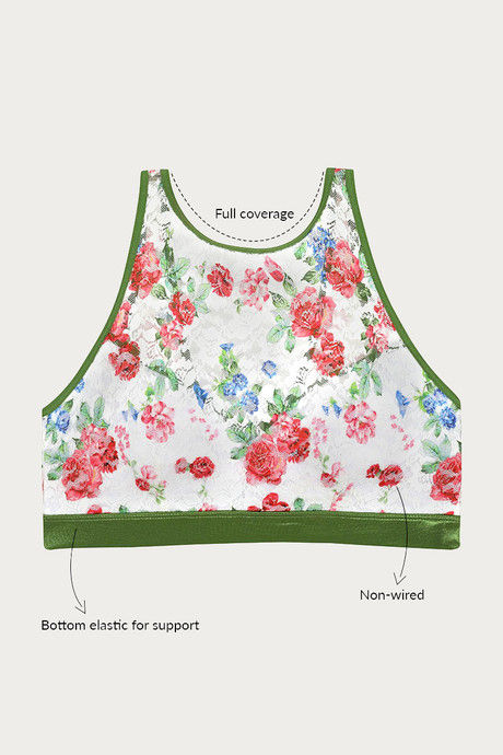 

Zivame Floral Blush Double Layered Printed Lace Bralette Green N Print, Prints
