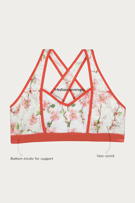 

Zivame Floral Blush Double Layered Printed Lace Bralette Coral N Print, Prints