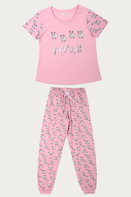 Zivame Crazy Sheep Knit Cotton Pyjama Set- Pink N Print — image 7
