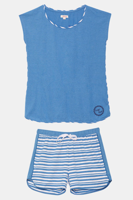 Zivame Varsity Knit Cotton Blend Shorts Set - Blue Stripes — image 5