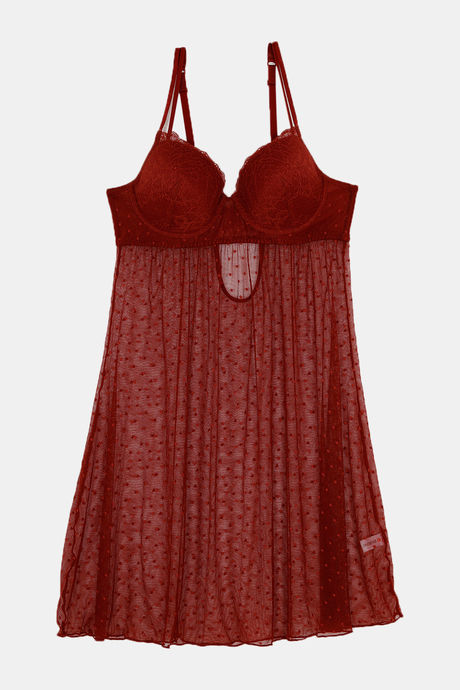 Zivame Lace N Mesh Babydoll With Thong - Merlot — image 5